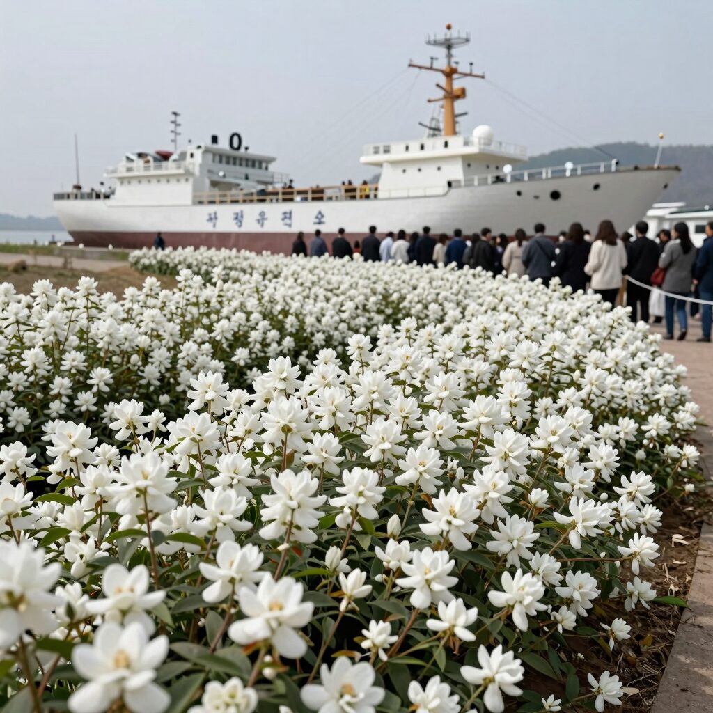 안산 화랑유원지에 마련된 세월호 희생자 합동분양소 외부 전경, 흰 철쭉 꽃이 피어 있는 모습