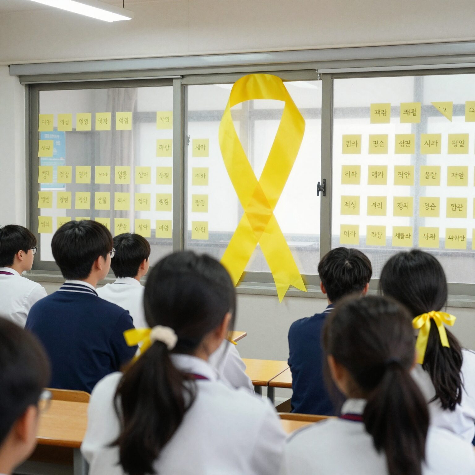 학생들이 노란 리본과 포스트잇으로 장식한 교실 창문, 세월호 추모 행사