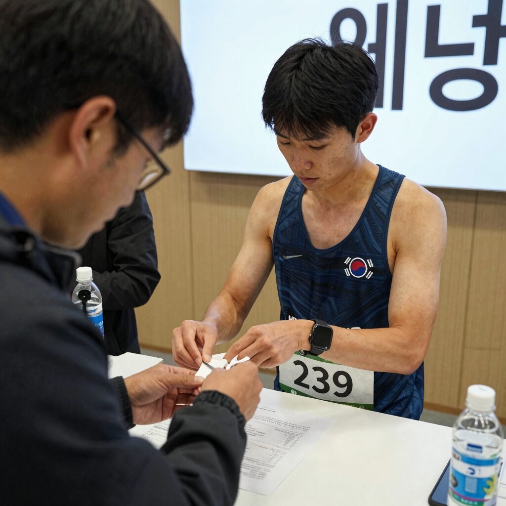 상하이마라톤 엑스포에서 빕 넘버 수령하는 모습