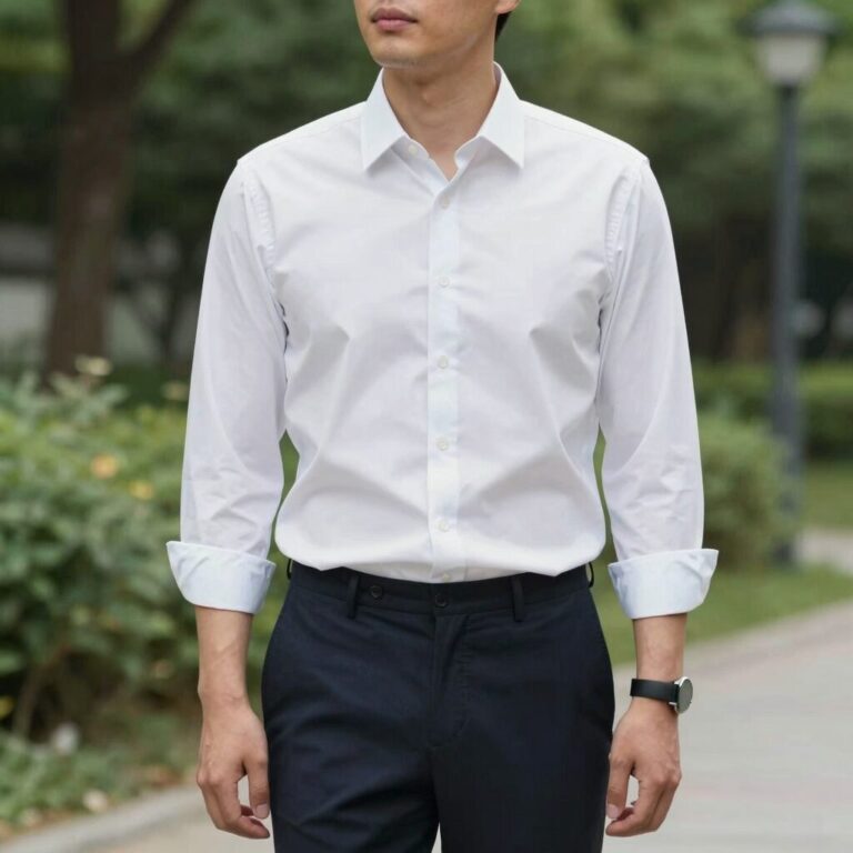 남자 셔츠를 슬랙스에 완전히 넣어 입은 모습으로 허리선이 깔끔하게 정리된 스타일