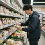 마트에서 신선식품과 할인 스티커가 붙은 상품을 고르고 있는 모습