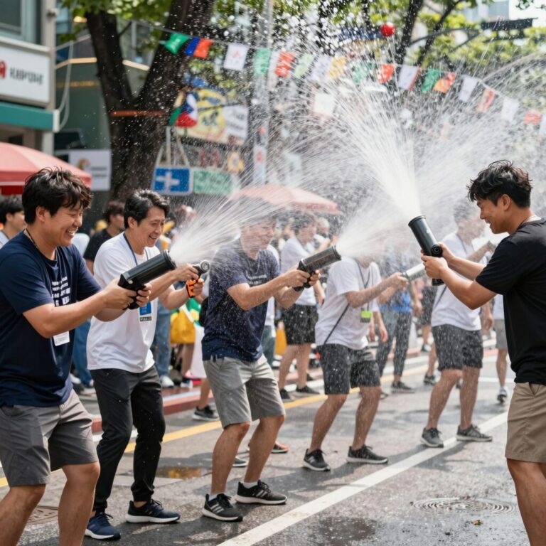방콕 송크란 축제 카오산 로드에서 사람들이 물총으로 물을 뿌리며 웃고 있는 모습