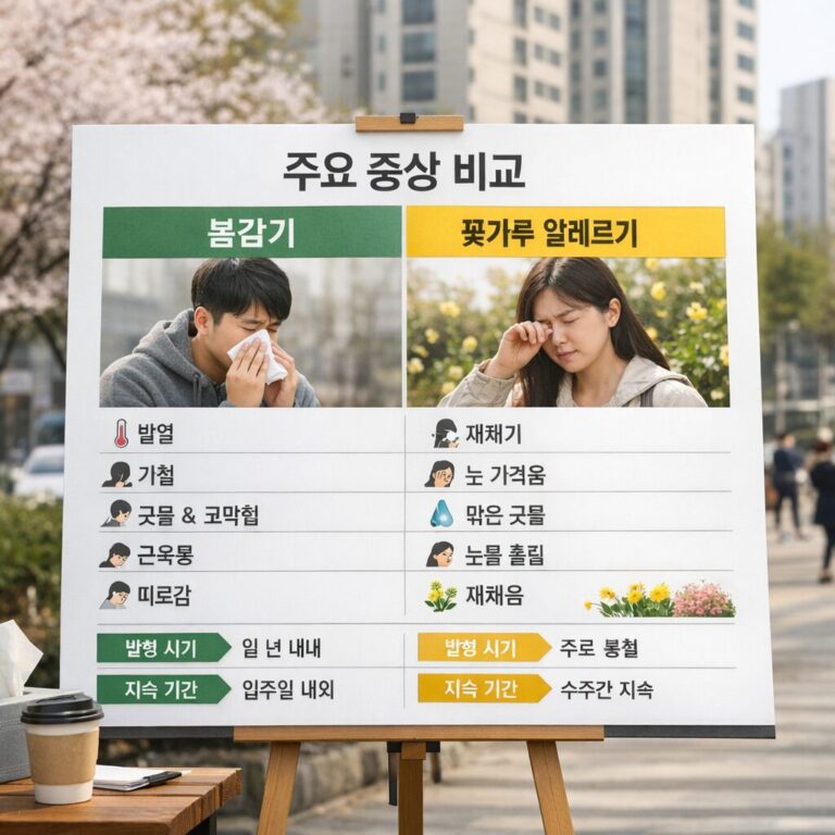 봄감기와 꽃가루 알레르기의 주요 증상을 비교한 인포그래픽 차트