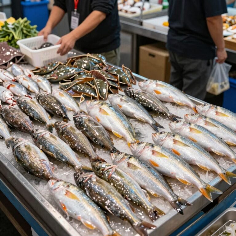 5월 제철회 참돔 보리숭어 갑오징어 밴댕이가 진열된 수산시장 모습
