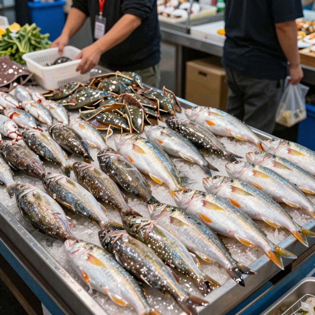 5월 제철회 참돔 보리숭어 갑오징어 밴댕이가 진열된 수산시장 모습