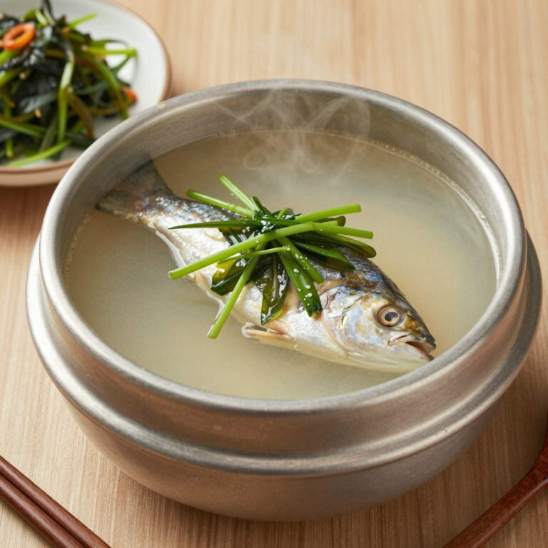 봄철 보양식으로 추천하는 가자미쑥국과 두릅나물이 담긴 식탁