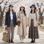 봄 날씨에 맞는 층을 이루어 입은 옷차림과 가방에 챙겨둔 가디건과 양산