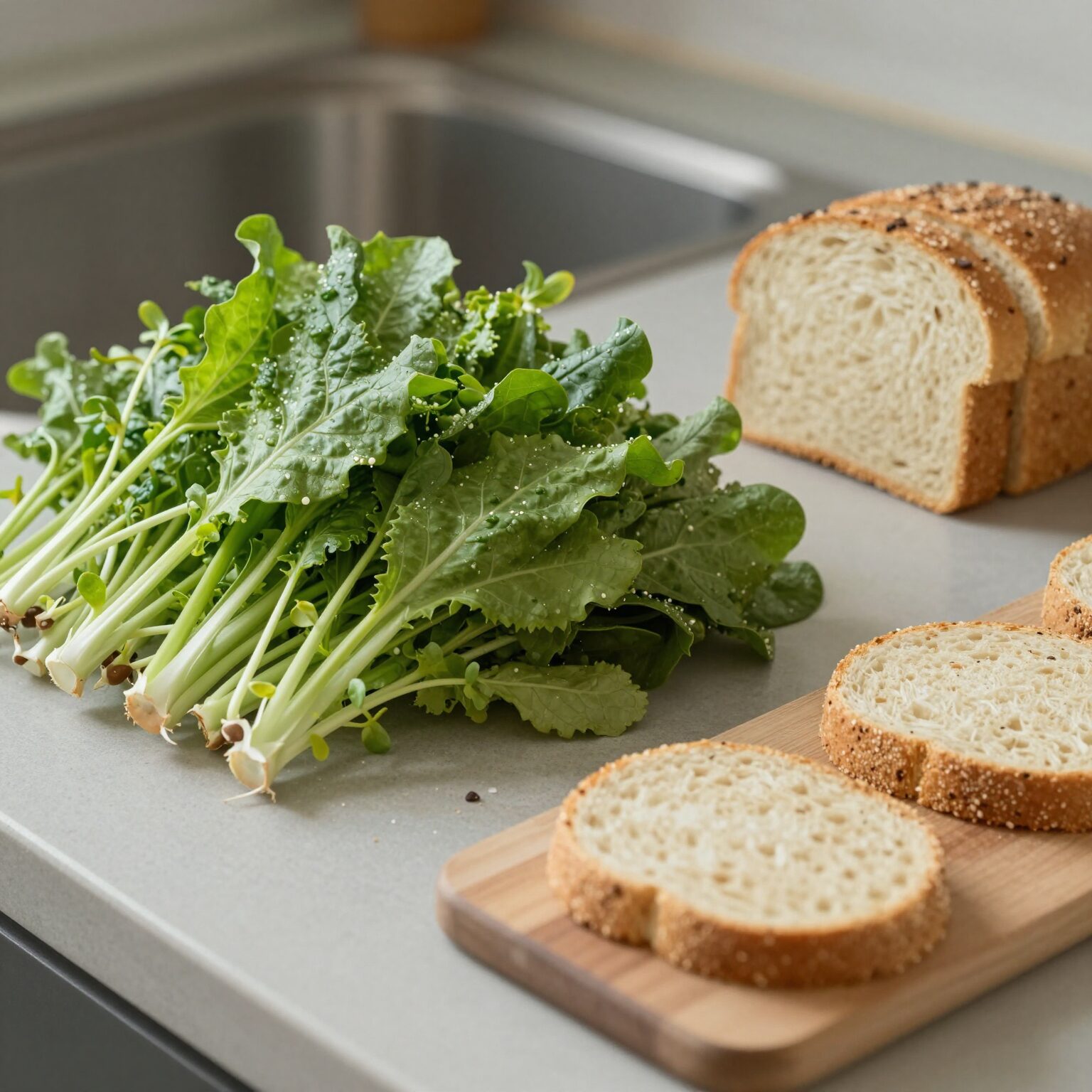 신선한 새싹채소 믹스와 통밀빵, 수제 패티가 준비된 주방 조리대