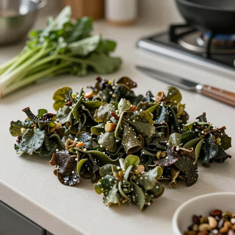 싱싱한 돌나물과 무침 재료가 준비된 주방 조리대