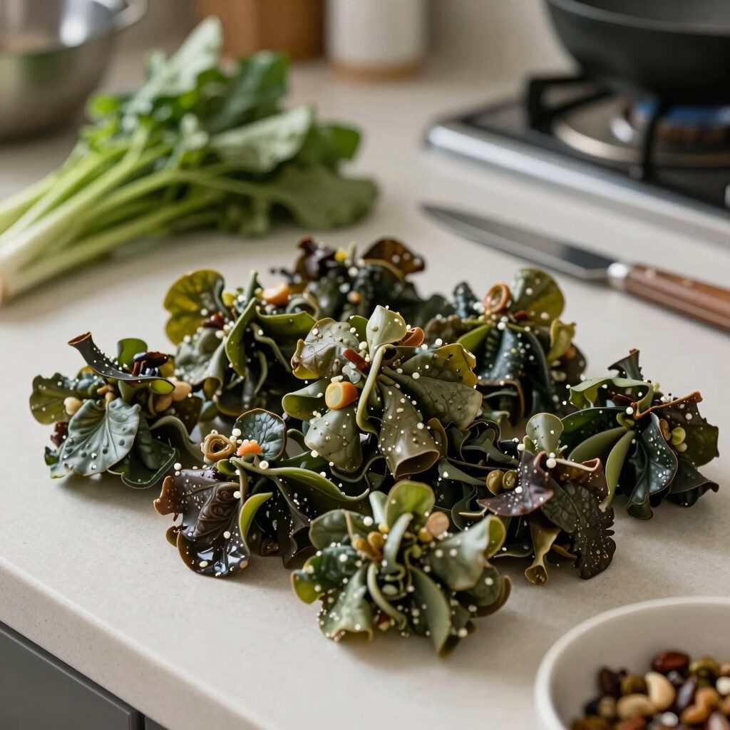 싱싱한 돌나물과 무침 재료가 준비된 주방 조리대