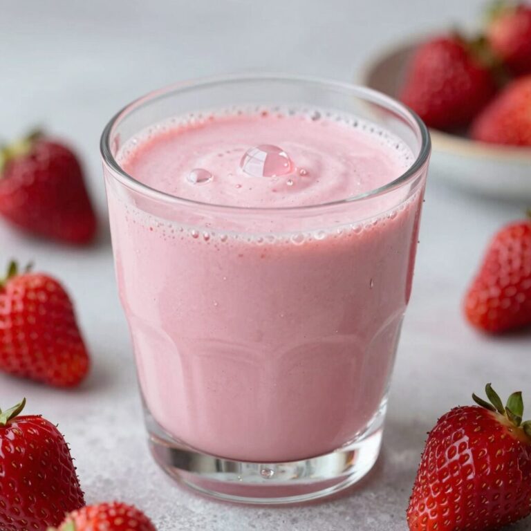 냉동 딸기와 그릭요거트로 만든 진한 분홍색 스무디가 담긴 유리잔