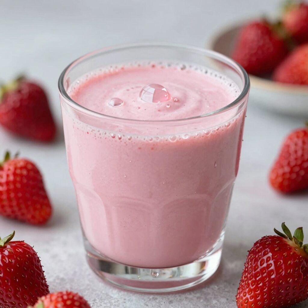 냉동 딸기와 그릭요거트로 만든 진한 분홍색 스무디가 담긴 유리잔