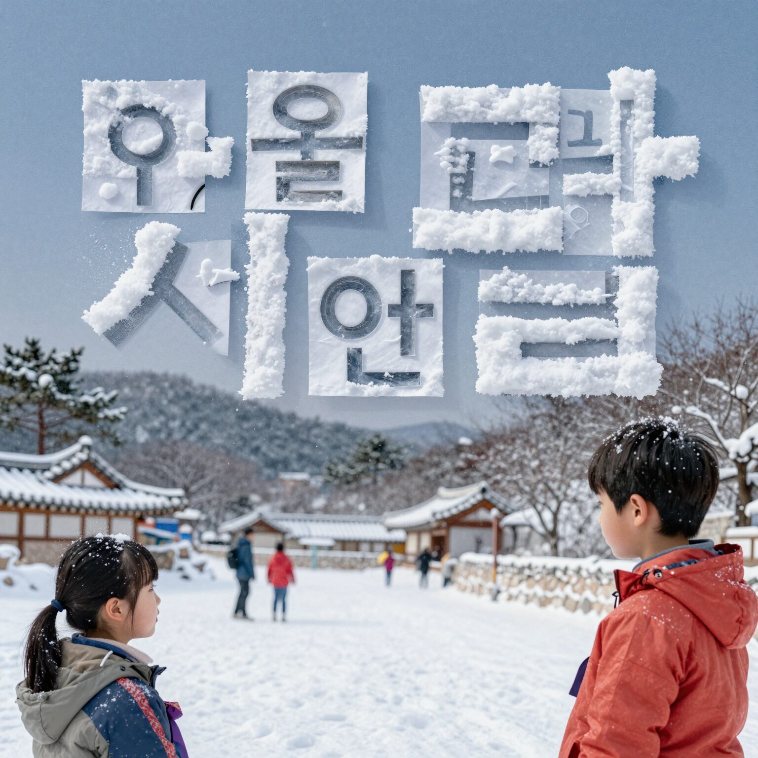 중학생이 만든 콜라주 시 작품 사진, 오려낸 단어들을 조합해 겨울과 눈에 대한 시를 창작함