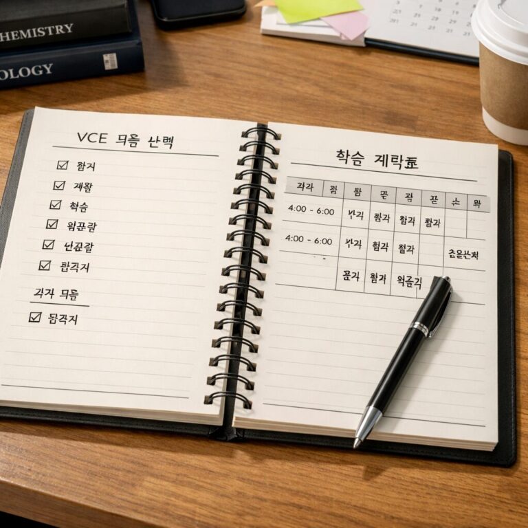 호주 VCE 시험을 위한 과목 선택과 학습 계획표가 적힌 노트와 펜