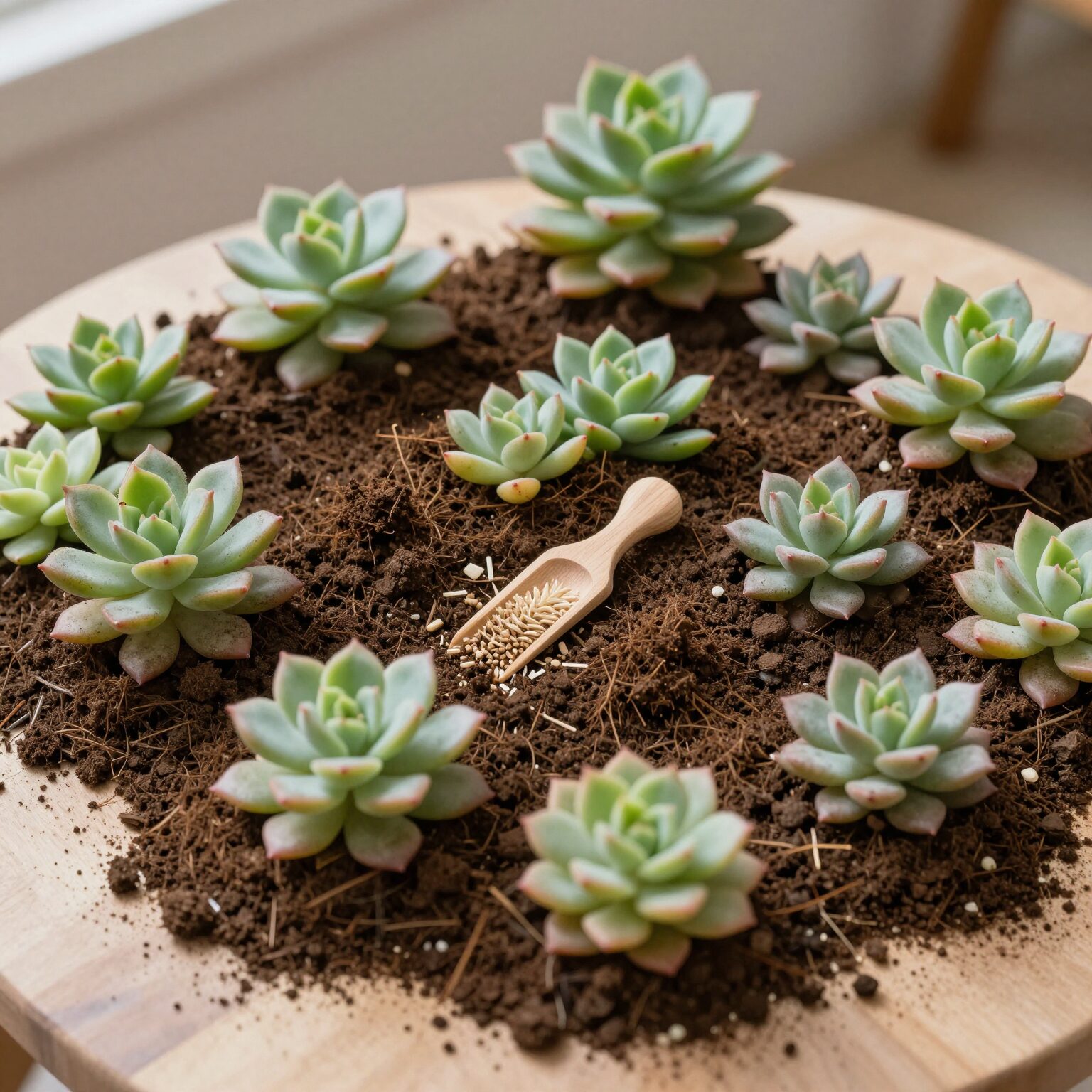 다육이 흙 배합을 위해 다양한 재료가 테이블 위에 놓여 있는 모습