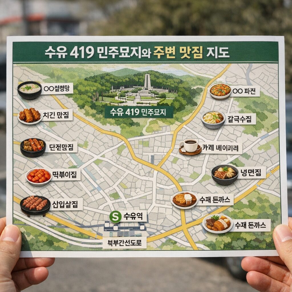수유 419 민주묘지와 주변 맛집 위치를 표시한 지도