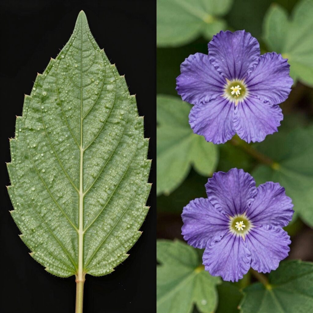 수수꽃다리와 라일락의 잎과 꽃 모양 비교 사진. 왼쪽은 넓은 잎과 연보라 꽃, 오른쪽은 길쭉한 잎과 진보라 꽃.