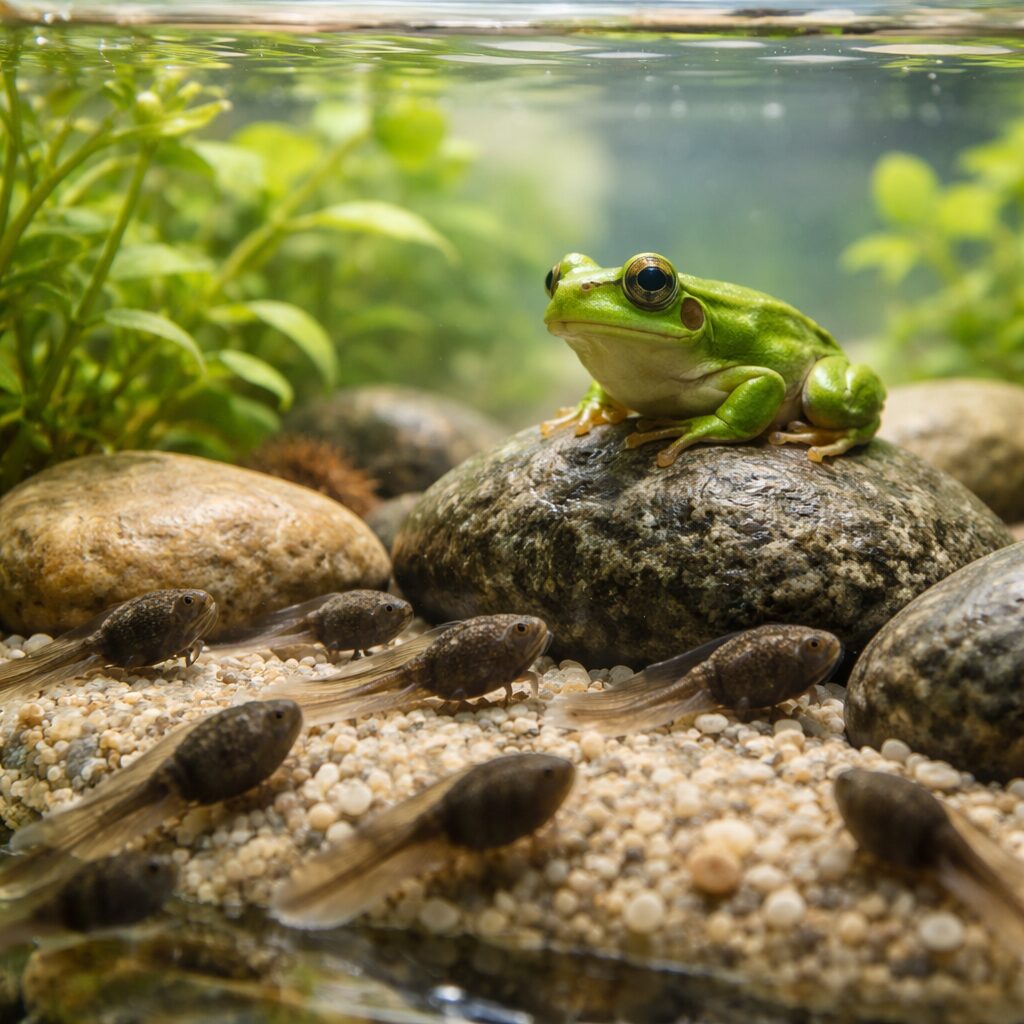 작은 수조에 돌과 함께 있는 청개구리 올챙이, 물은 맑고 깨끗하게 유지되어 있음