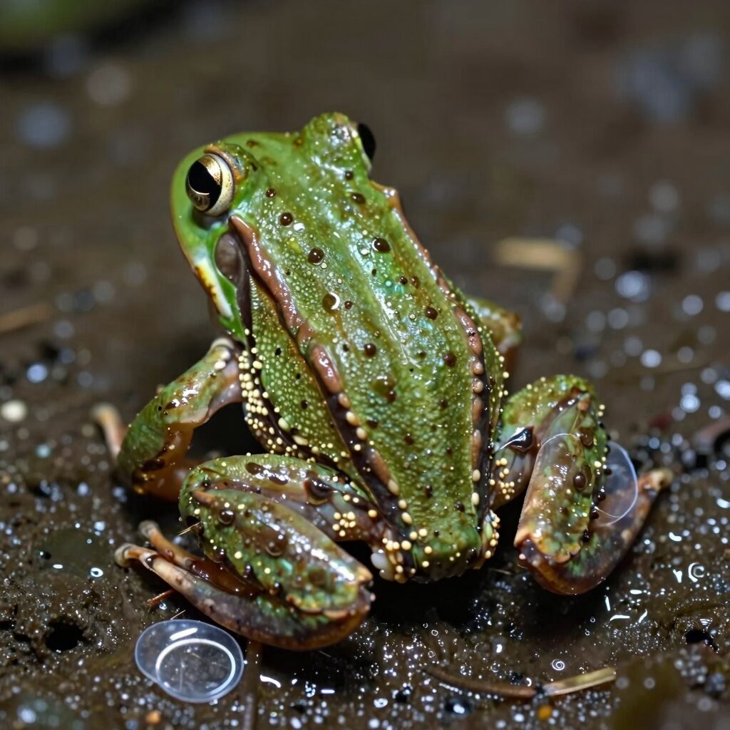 청개구리 올챙이 뒷다리가 나오는 중인 모습, 투명한 막 안에 작은 다리가 보임