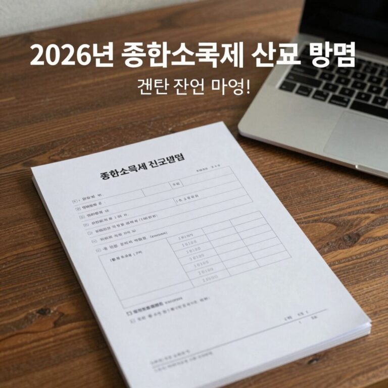 2026년 종합소득세 신고 방법을 설명하는 블로그 포스트 대표 이미지로, 책상 위에 신고서와 노트북이 놓여 있다.