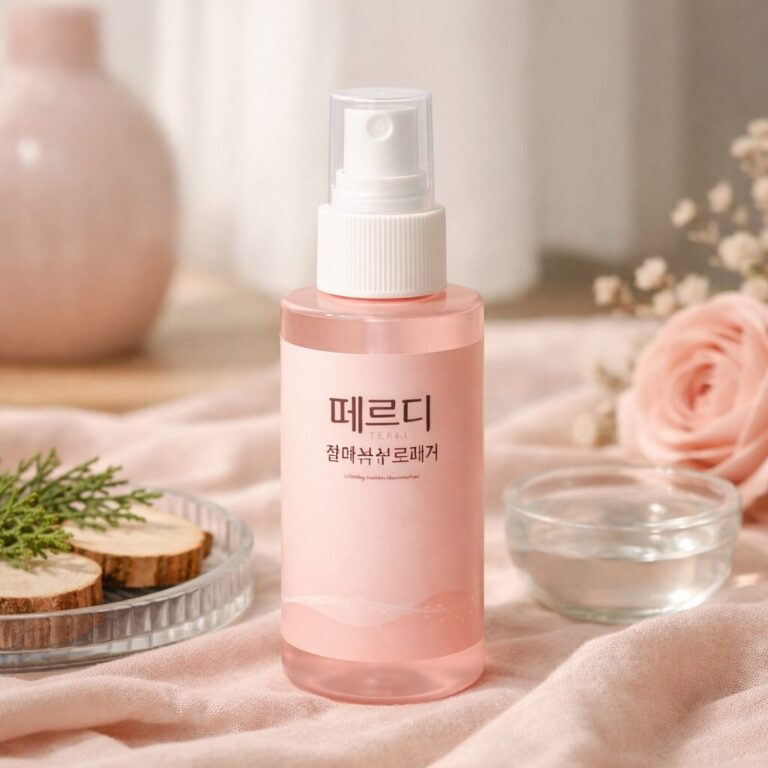 떼르디 편백수 스프레이 제품 이미지. 연분홍색 감각적인 디자인.