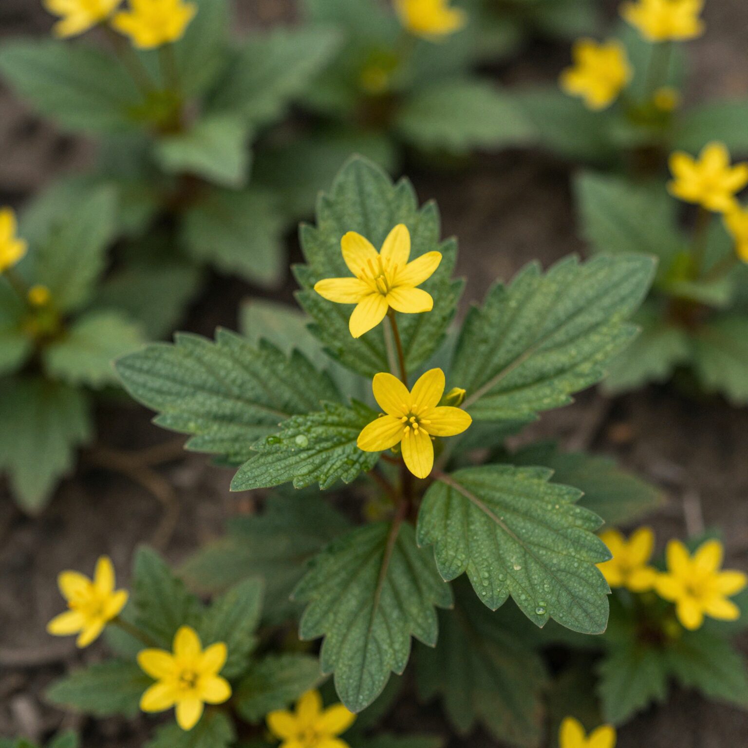 세잎양지꽃의 노란 꽃과 세 장의 잎이 돋아난 모습