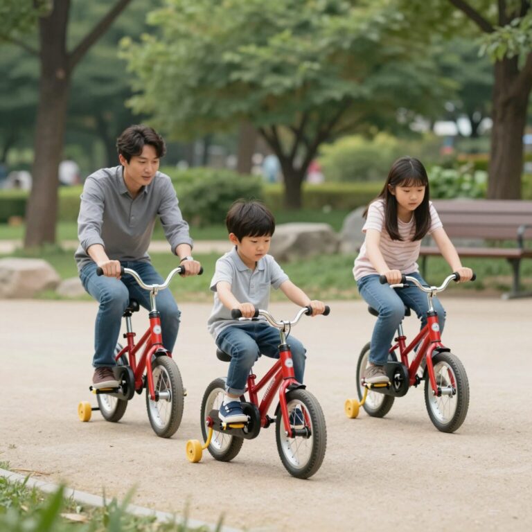 아이와 부모가 공원에서 세발자전거 연습하는 모습