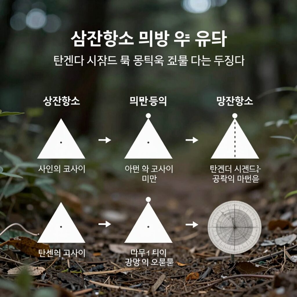 삼각함수 미분 공식 유도 과정을 나타낸 도식. 사인과 코사인의 미분부터 시작해 몫의 미분법을 통해 탄젠트 시컨트 등의 공식을 도출하는 흐름을 보여준다.