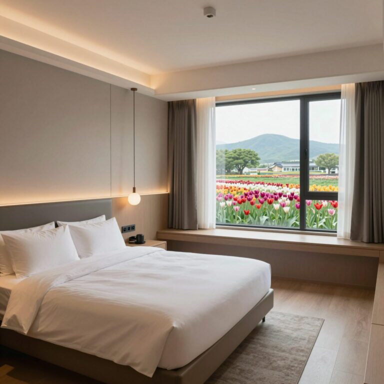 태안 튤립축제 숙소 호텔마리스테이태안의 모던한 객실 인테리어와 창밖 뷰