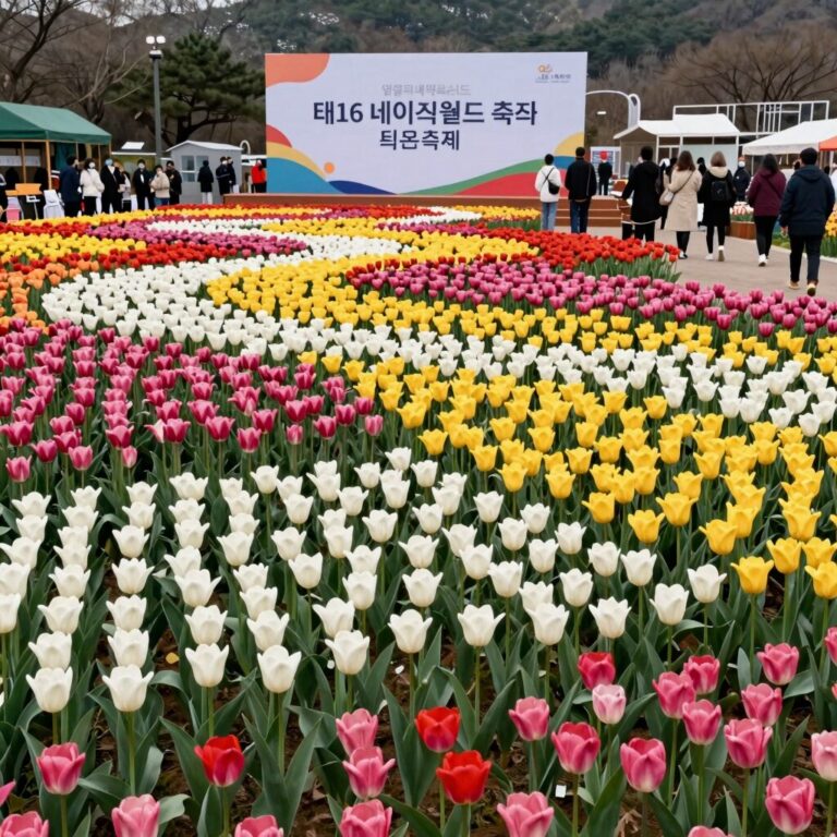 2026 태안 네이처월드 튤립 축제장 전경, 다양한 색깔의 튤립이 카펫처럼 펼쳐져 있음