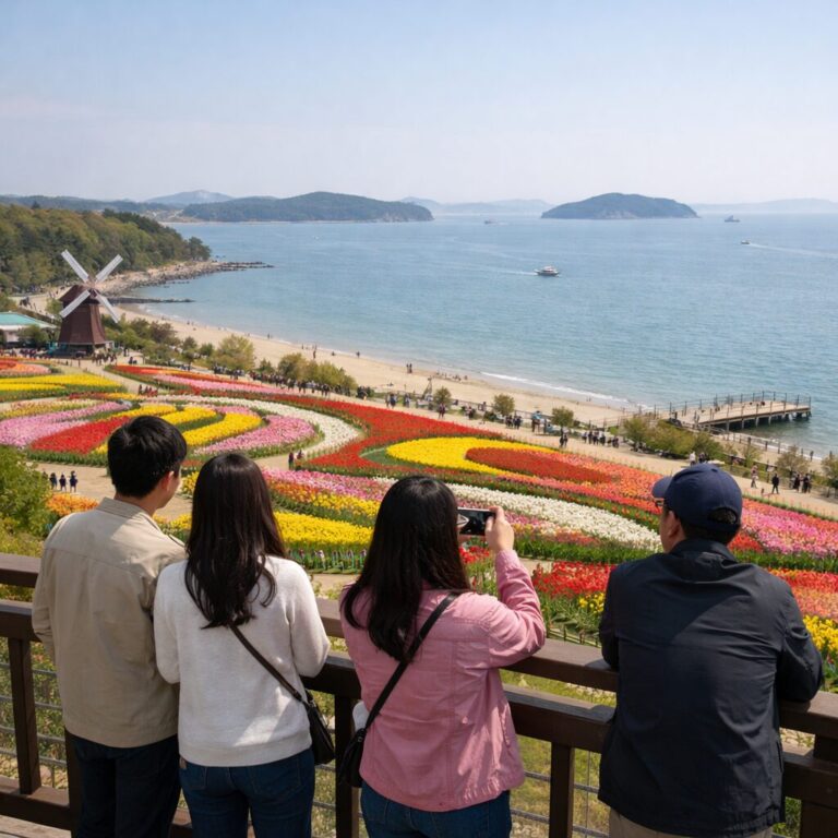안면도 코리아플라워파크 전망대에서 바라본 화려한 튤립 정원과 서해 바다 풍경