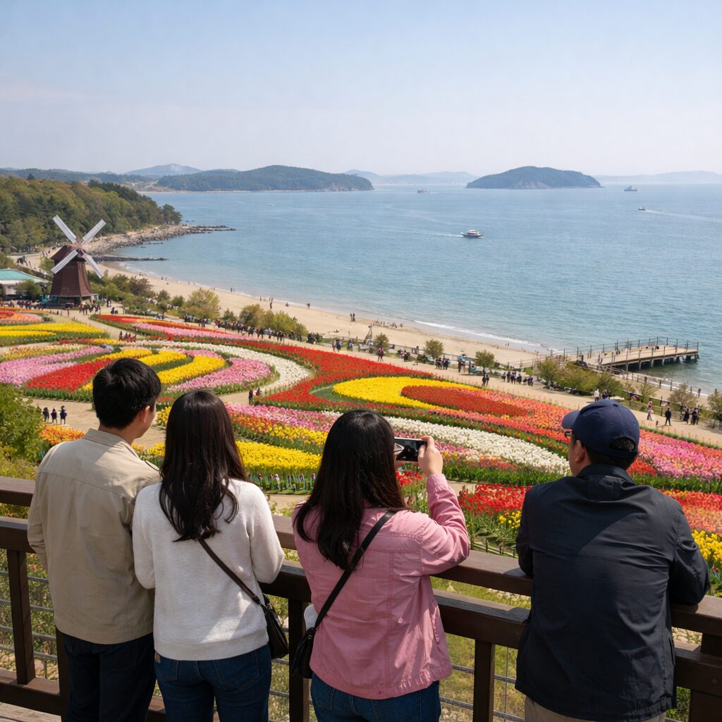 안면도 코리아플라워파크 전망대에서 바라본 화려한 튤립 정원과 서해 바다 풍경