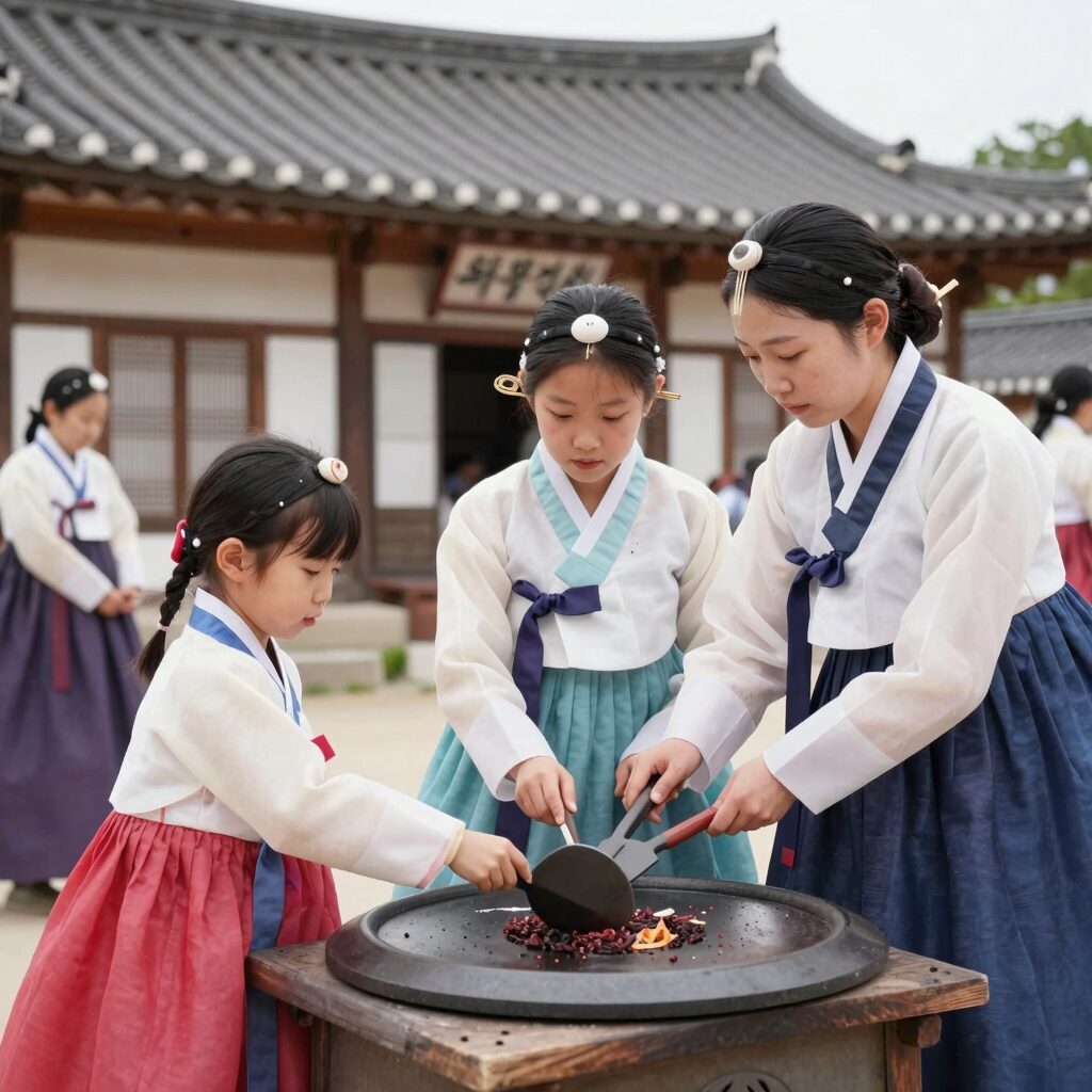 의령 홍의장군축제 조선 저잣거리에서 가족이 대장간 체험을 하는 모습