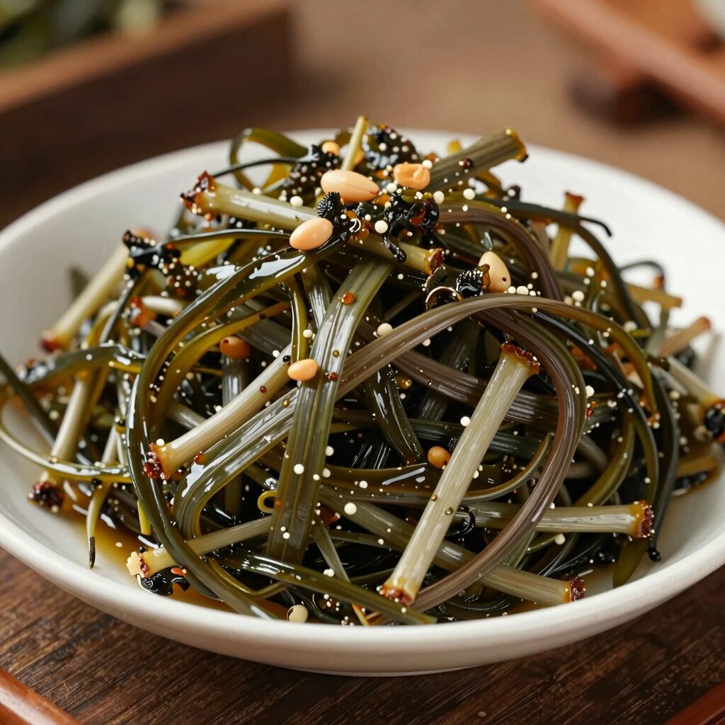 데친 엄나무순을 참기름과 양념에 무쳐낸 나물 반찬