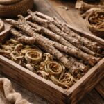 엄나무 효능과 건강하게 먹는 방법 말려진 엄나무 가지와 껍질이 나무 상자에 담겨 있는 모습