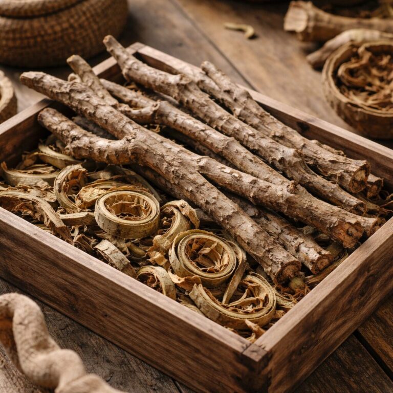 말려진 엄나무 가지와 껍질이 나무 상자에 담겨 있는 모습