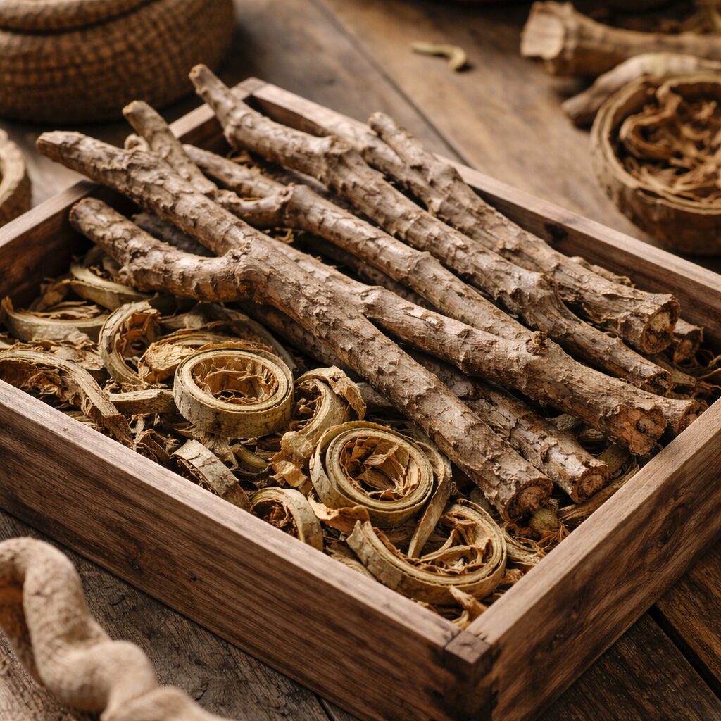 말려진 엄나무 가지와 껍질이 나무 상자에 담겨 있는 모습