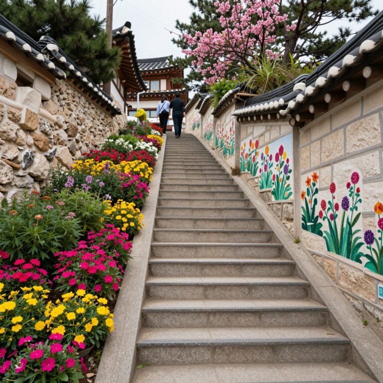 전주 완산공원 꽃동산으로 오르는 마을 골목 계단길, 벽화와 꽃잔디가 있는 풍경