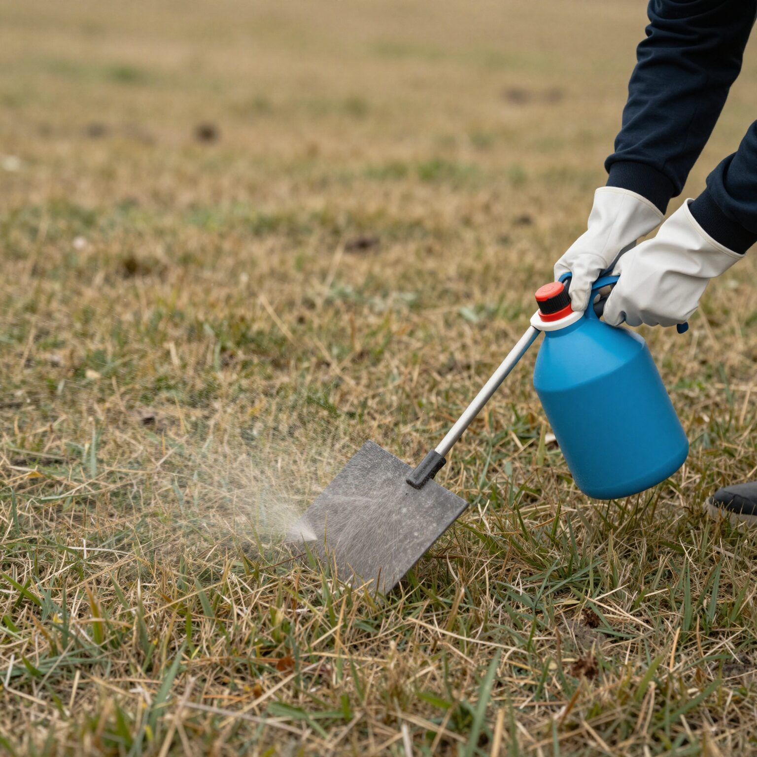 겨울 잔디밭에 고르게 제초제를 뿌리는 모습. 손에 장갑을 끼고 있다.