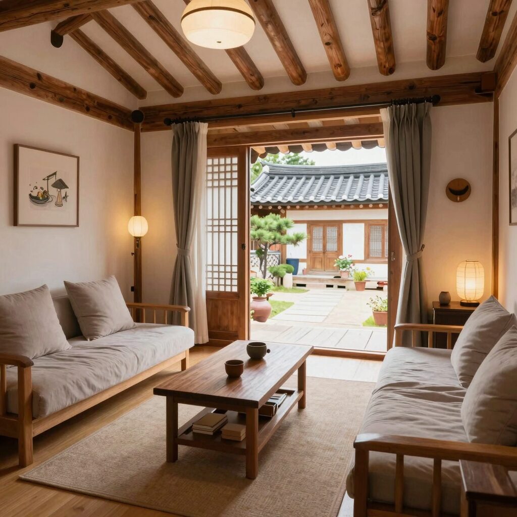 위양이팝스테이 한옥 펜션 내부 거실과 마당이 보이는 아늑한 인테리어