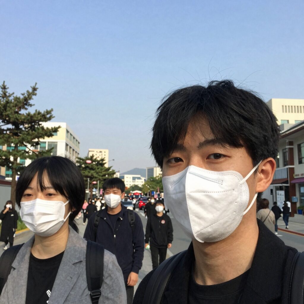 뿌연 황사가 낀 도시의 하늘 풍경과 마스크를 쓴 사람들