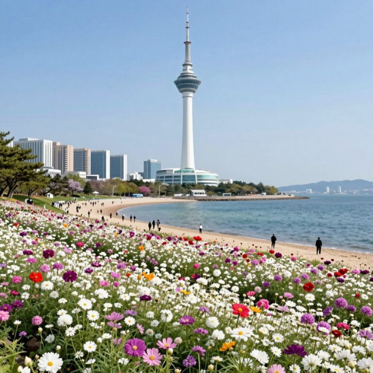 여수 엑스포 스카이타워 앞 오션뷰 유채꽃밭 풍경