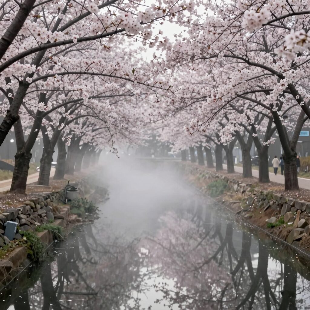 서산 용비지 아침 안개와 산벚꽃 반영 사진