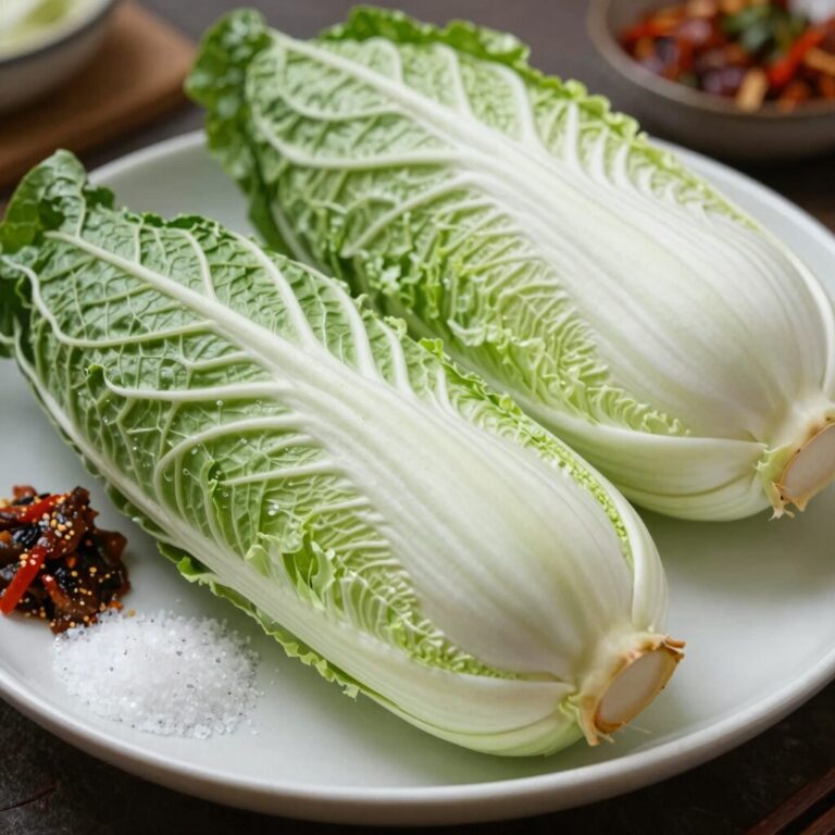 깨끗이 손질된 열무와 얼갈이 배추가 접시에 담겨 있고 옆에 소금과 준비된 양념재료들이 놓여 있는 모습