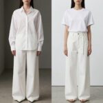 ZARA와 H&M의 화이트 셔츠와 벌룬 팬츠 실루엣 비교 사진