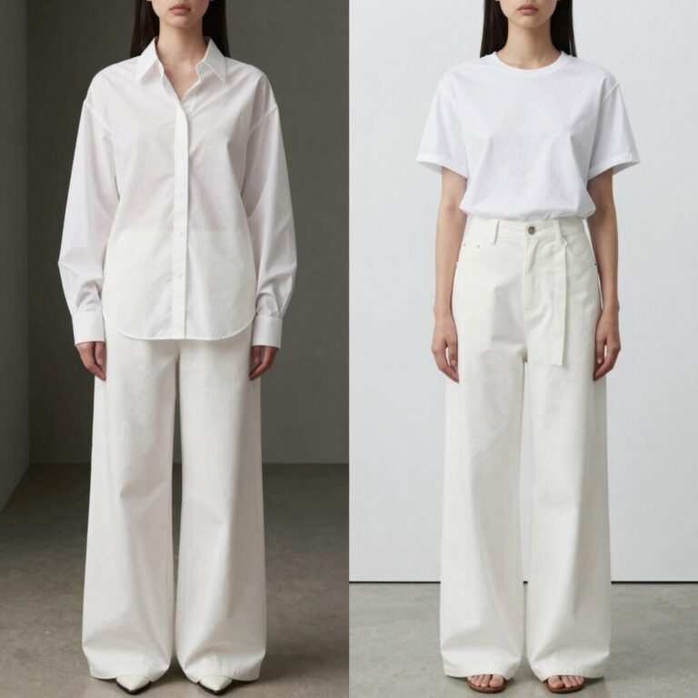 ZARA와 H&M의 화이트 셔츠와 벌룬 팬츠 실루엣 비교 사진