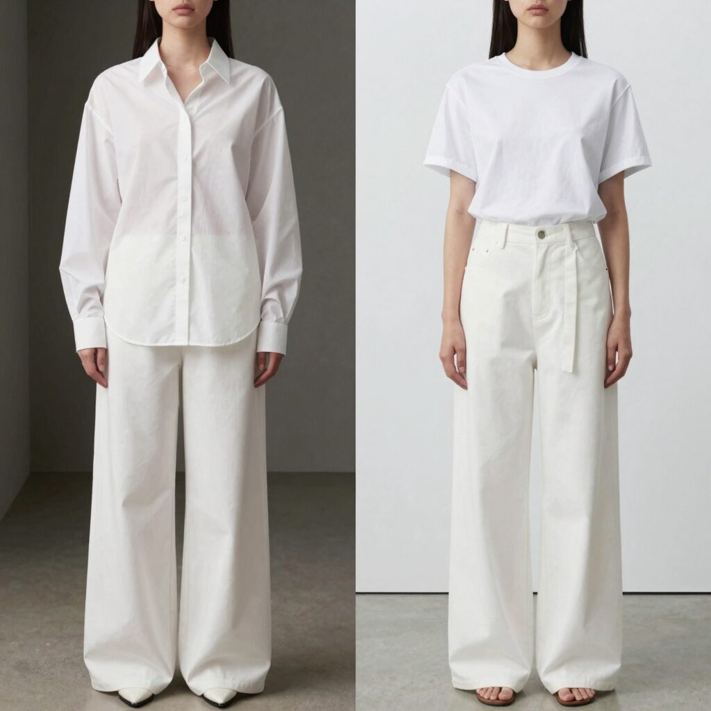 ZARA와 H&M의 화이트 셔츠와 벌룬 팬츠 실루엣 비교 사진
