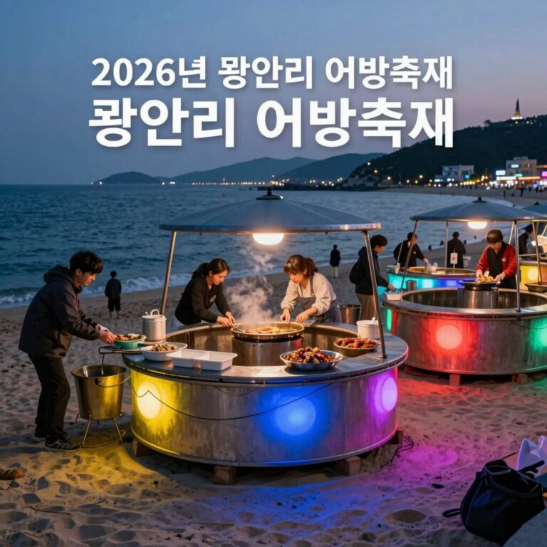 부산 광안리 해변에서 열리는 2026년 광안리 어방축제 준비 모습, 형형색색 조명과 포차가 설치되어 있음