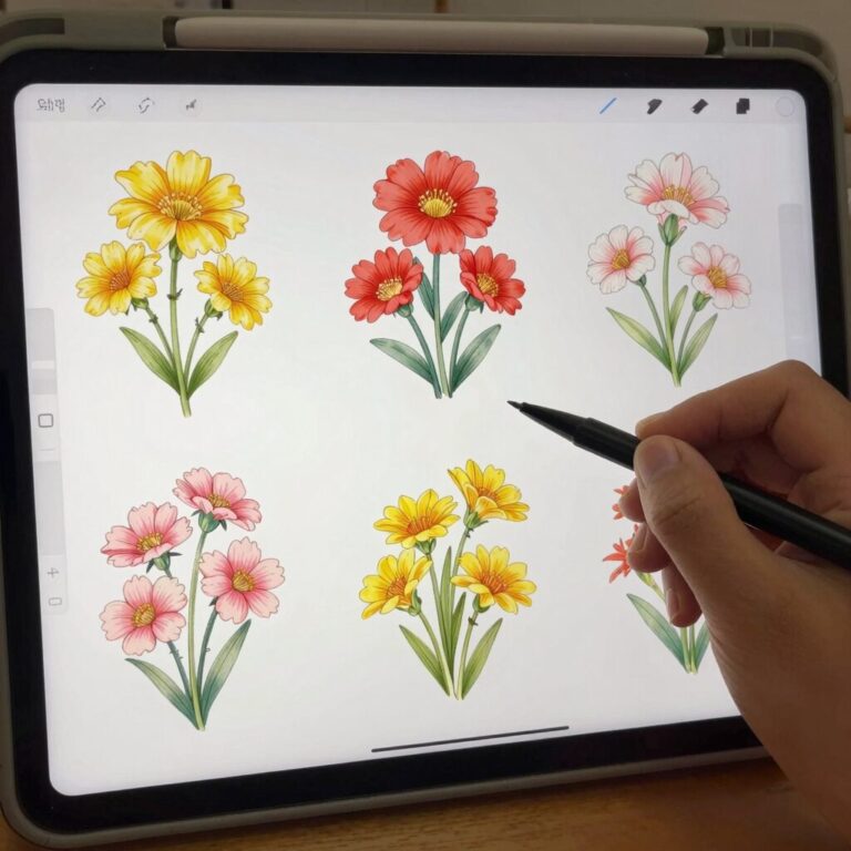 카네이션 일러스트를 그리는 단계별 과정 디지털 드로잉 화면