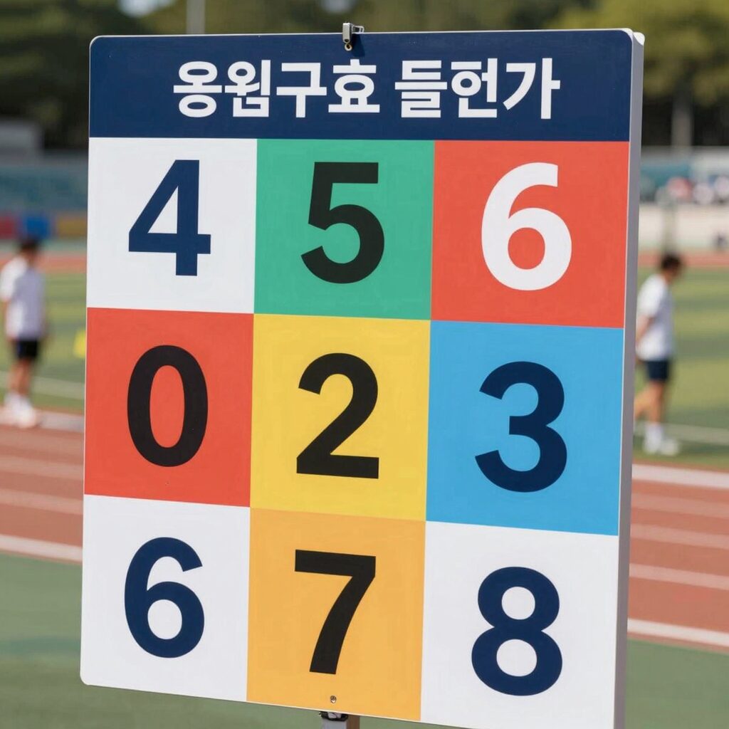 체육대회 응원구호 플랜카드 예시 이미지. 다양한 색상의 플랜카드에 숫자와 팀명이 적혀 있음
